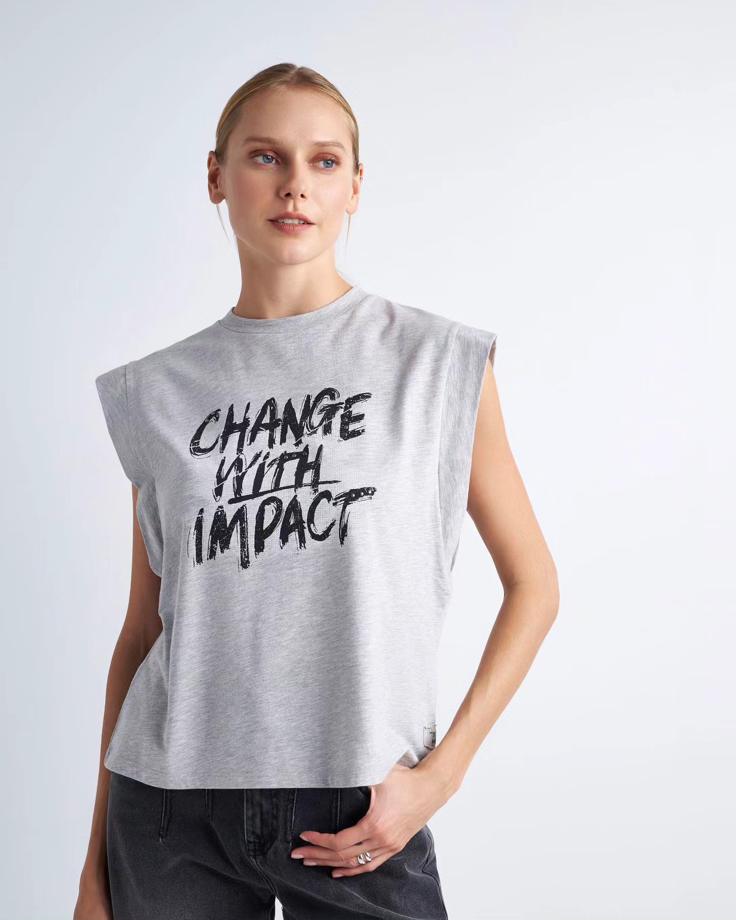 Μπλούζα αμάνικη με lettering Grey Melange