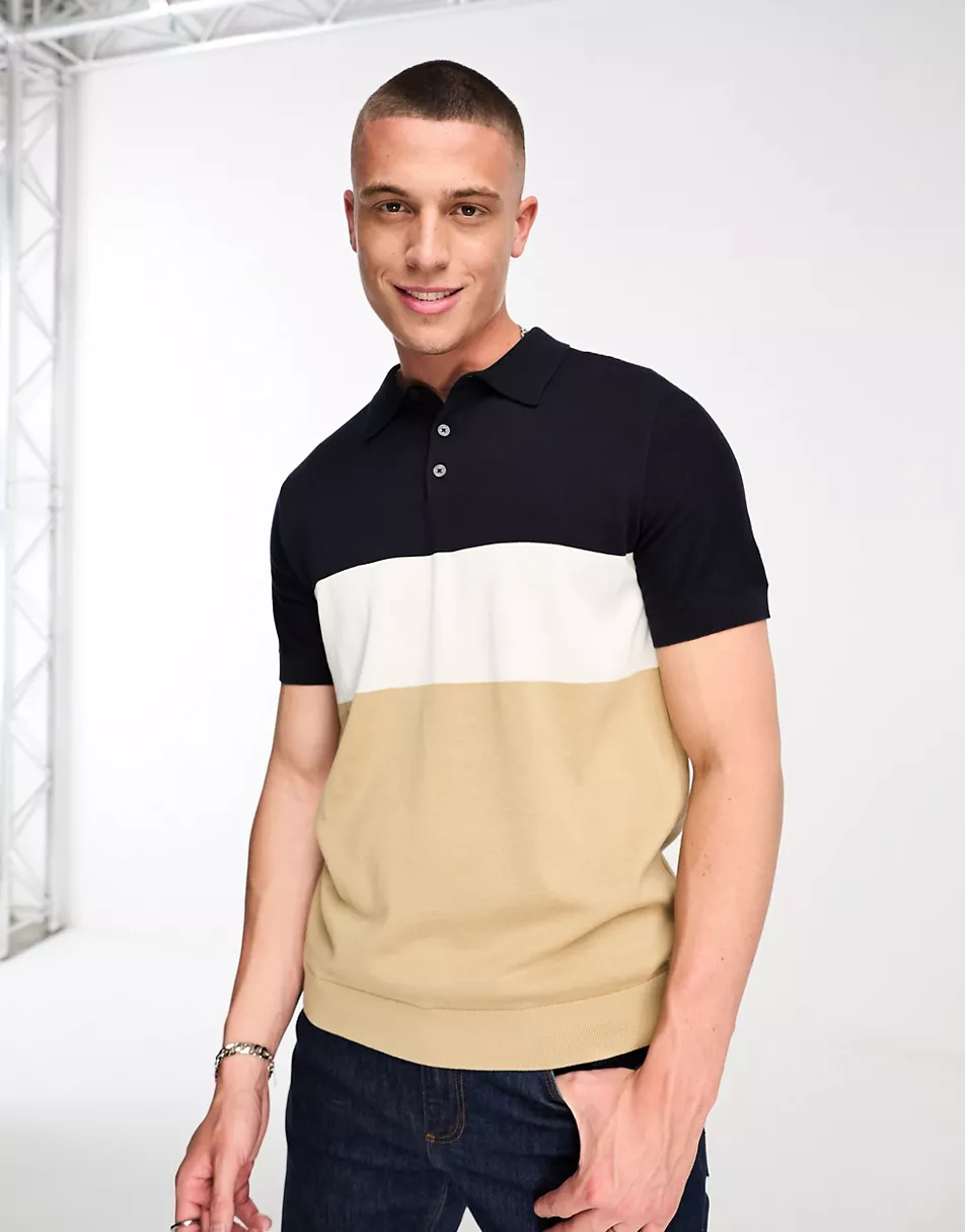 Selected Homme cotton mix knitted polo in blue and beige stripe